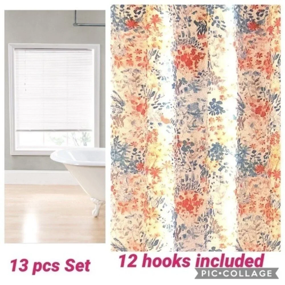13 PC FABRIC SHOWER CURTAIN SET with Hooks